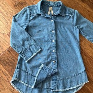 Liverpool Blue Chambray Denim Button Down Shirt Frayed Hem Women's Size Small